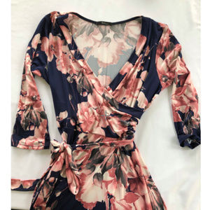 Navy and Pink Floral Wrap Maxi Dress L